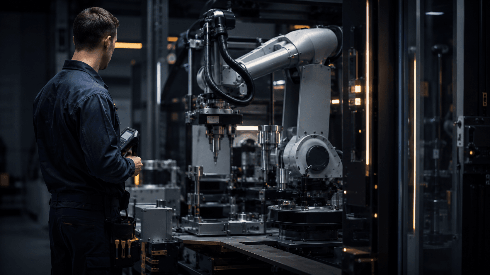 Dunkle Premium-Produktionshalle mit robotergestützter Fertigungszelle